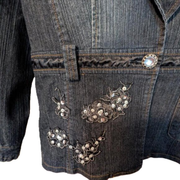 2/$35+$9.99ShipPanitti Fitted Stretch Sequin Deep Denim Blue Embroidered Jacket - Picture 7 of 12